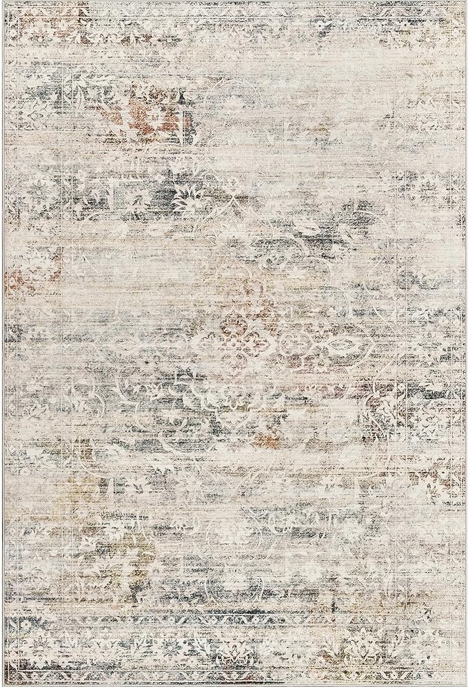 6x9 Area Rugs for Living Room, Stain Resistant Neutral Washable Rugs for Dining Room, Floral Vintage Non-Slip Thin Area Rug Farmhouse Rug Taupe