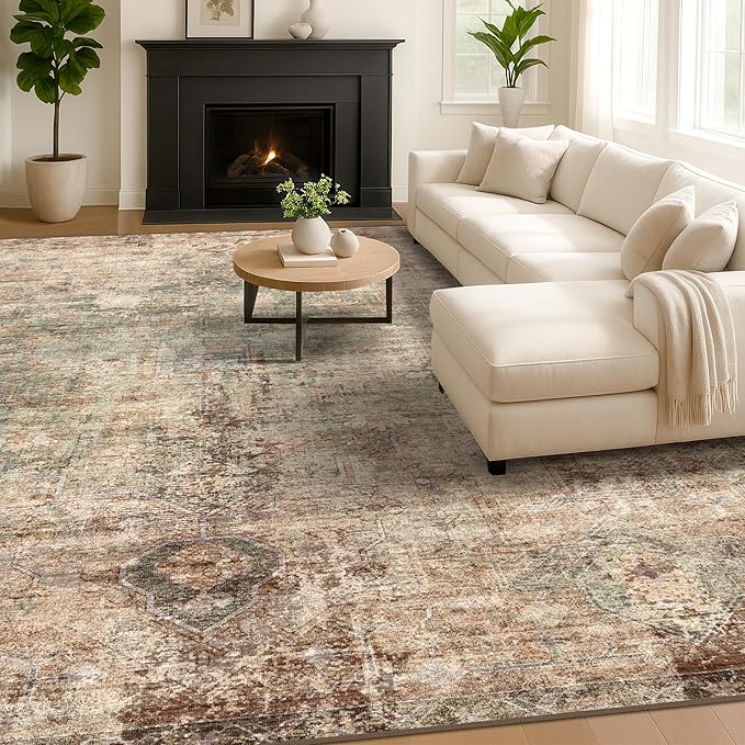 Farmhouse Floor Rugs for Living Room - Brown and Green Dining Room Area Rugs 8x10 for Bedroom, Washable, Soft, Lightweight & Stain Resistance, Neutral Dark Vintage Medallion Decor