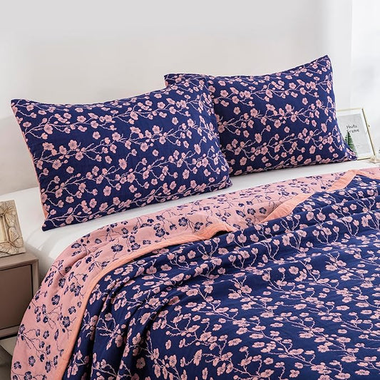100% Cotton Muslin Jacquard 3 Piece Quilt Set Floral Plum Blossom Print, Soft 3 Layers Gauze Bed Cover Reversible Bedspread Coverlet Breathable Lightweight Bedding Set, Queen