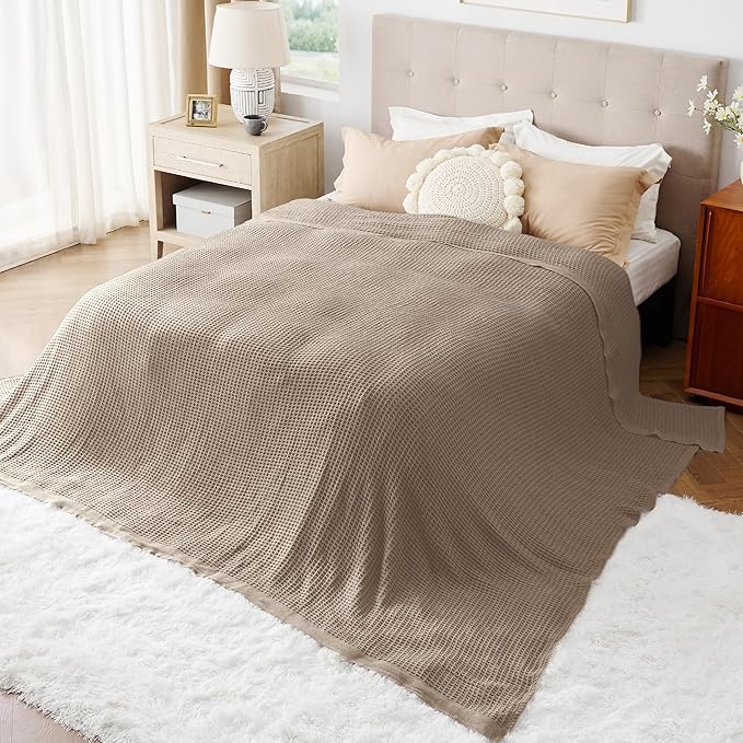 Bedsure Gentlesoft 100% Cotton Large Blanket Oversized King for Bed - Breathable Thick Waffle Weave Blanket for Summer, Couch Cover, Light Brown, 120x94 inches