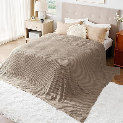 Bedsure Gentlesoft 100% Cotton Large Blanket Oversized King for Bed - Breathable Thick Waffle Weave Blanket for Summer, Couch Cover, Light Brown, 120x94 inches