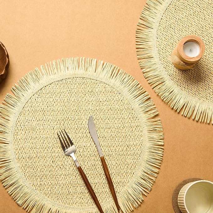 FunWheat Paper Round Placemats Set of 12 for Dining Tables 15 Inch Heat Resistant Table Mats Handmade Natural Place mats for Farmhouse Decoration(Beige)