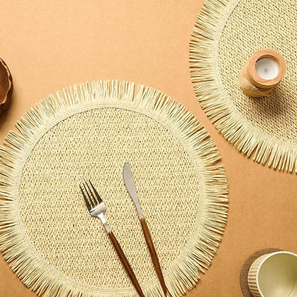 FunWheat Paper Round Placemats Set of 12 for Dining Tables 15 Inch Heat Resistant Table Mats Handmade Natural Place mats for Farmhouse Decoration(Beige)