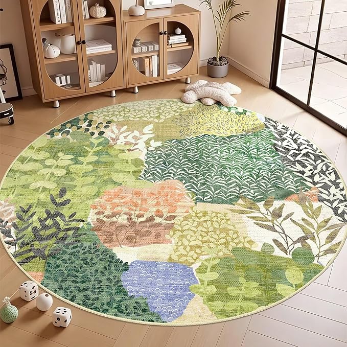 DEXDE Round Rug 6ft Washable Circle Area Rugs Non Slip Low Pile Boho Floral Large Circular Carpet for Bedroom Bathroom Entryway Kids Room Office Dining Room,Green