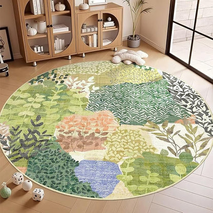 DEXDE Round Rug 6ft Washable Circle Area Rugs Non Slip Low Pile Boho Floral Large Circular Carpet for Bedroom Bathroom Entryway Kids Room Office Dining Room,Green
