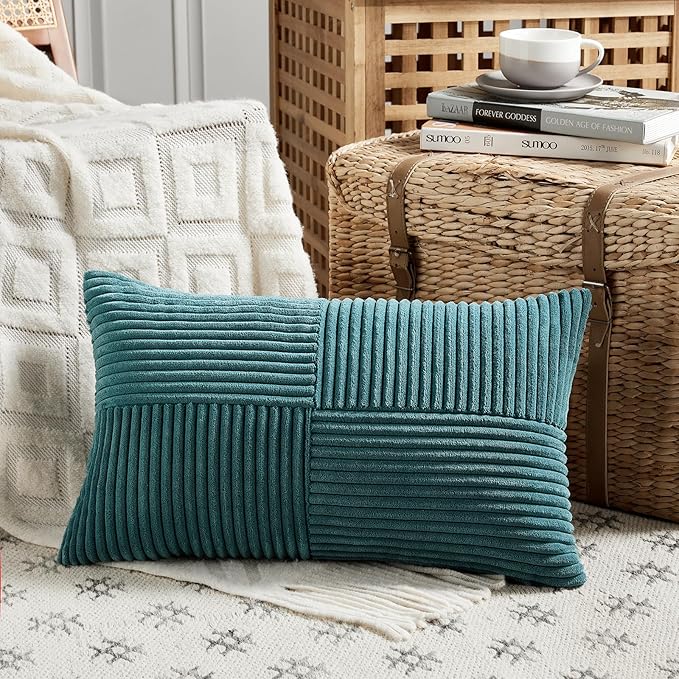 Fancy Homi 2 Packs Teal Lumbar Decorative Throw Pillow Covers 16x26 Inch for Living Room Couch Bed Sofa, Boho Home Decor, Soft Striped Corduroy Rectangle Accent Beige Cushion Case 65x40 cm
