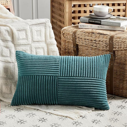 Fancy Homi 2 Packs Teal Long Lumbar Decorative Throw Pillow Covers 12x24 Inch for Couch Bed Sofa, Rustic Farmhouse Boho Home Decor, Soft Striped Corduroy Rectangle Accent Cushion Case 30x60 cm