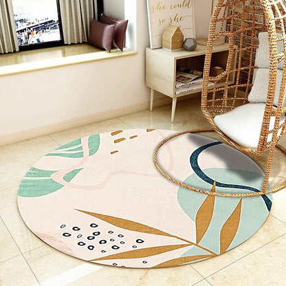 Round Area Rug, 3ft, Boho Round Area Rug, Soft Non-Slip Machine Washable Green Leaf Bathroom Rug, Abstract Tropical Plant Aesthetic Rug, Suitable for Living Room Bedroom Bedside