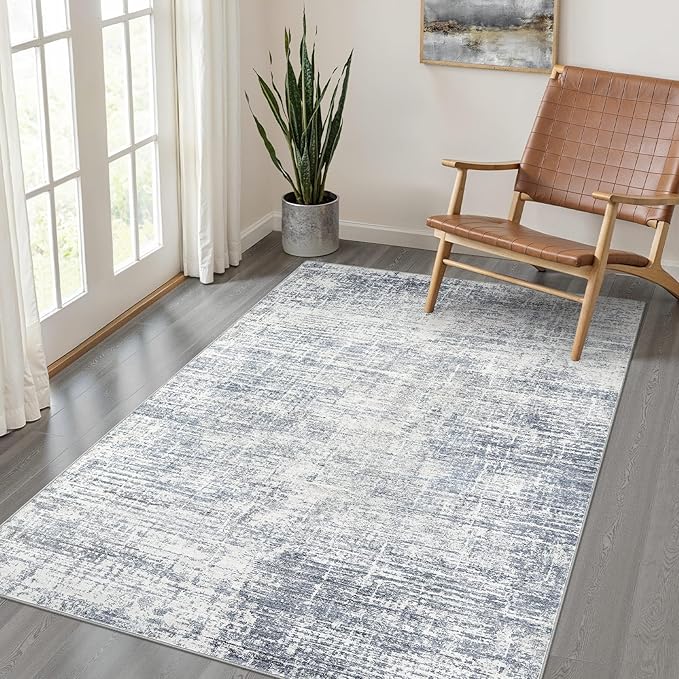 4x6 Rug Washable Area Rugs: Neutral Abstract Soft Modern Stain Resistant Small Indoor Floor Non-Slip Low Pile Throw Carpet for Entryway Kitchen Bedroom Nursery Kids Office Playroom Home House- Blue
