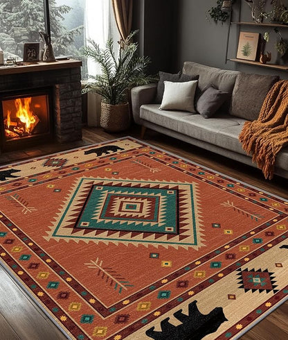 Cabin Rug 6x9 - Bear Southwestern Aztec Area Rugs for Living Room Bedroom, Rustic Geometric Machine Washable | Non-Slip | Soft Large Carpets, Native American Room Decor (Orange Tan Black)