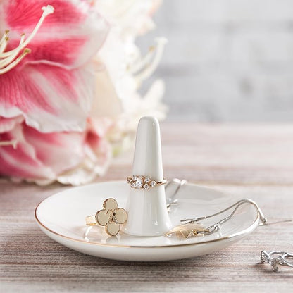 MyGift White Ceramic Ring Dish Holder, Jewelry Engagement Ring Holder, Trinket Tray with Gold Trim