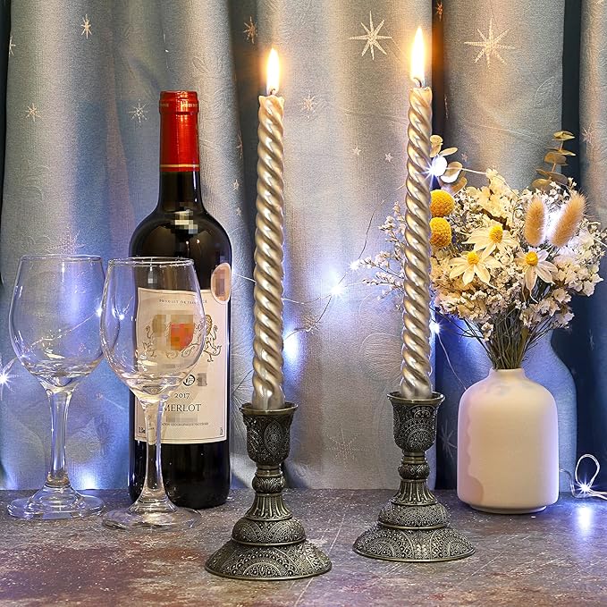OwnMy Set of 2 Taper Candle Holders Vintage Metal Pillar Candlestick Holders 4”H, Elegant Brass Candle Stick Holders Decorative Candelabra Set for Dining Table Centerpieces Wedding, Antique Bronze