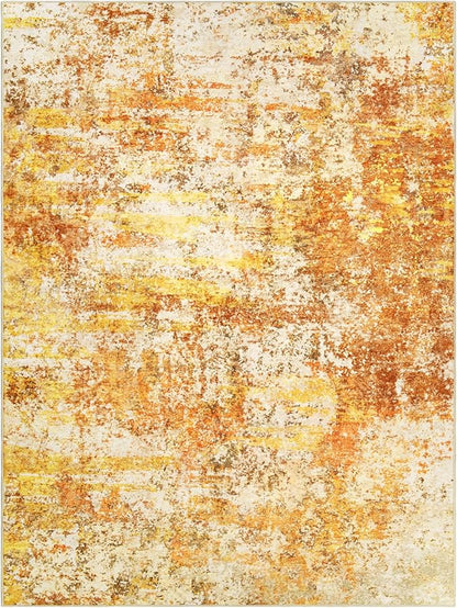 Washable Area Rugs for Living Room - 10x14 Abstract Modern Rug Neutral Soft Rug Stain Resistant Non-Shedding No Slip Low Pile Large Carpet for Bedroom Dining Room Nursery Home Office - Orange/Gold