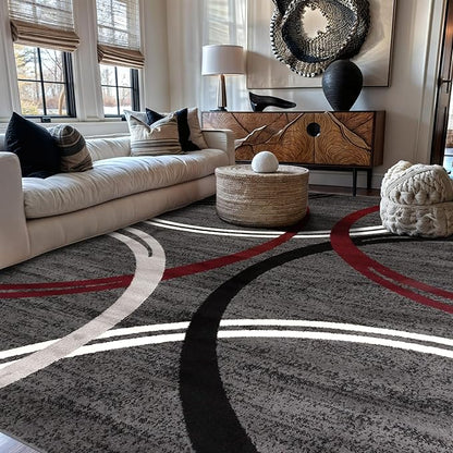Rugshop Modern Wavy Circles Design Non-Shedding Area Rug, Carpet for Living Room, Dining Room, or Bedroom, Red, 7'10" x 10'2"