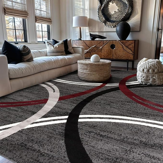 Rugshop Modern Wavy Circles Design Non-Shedding Area Rug, Carpet for Living Room, Dining Room, or Bedroom, Red, 7'10" x 10'2"