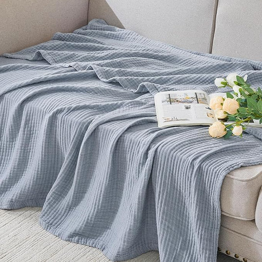 EMME Cotton Muslin Large Throw Blanket Couch Breathable Gauze Soft Lightweight Bed Blankets Adults (Heather Dusty Blue, 50"x70")