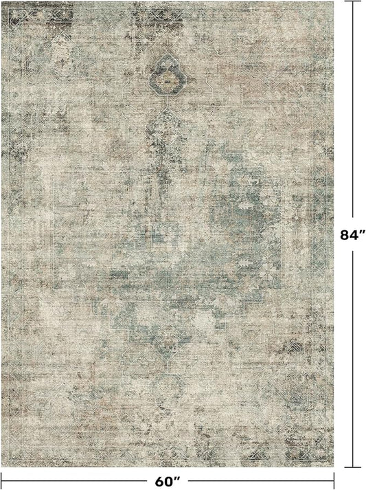 Neutral Abstract Area Rug for Living Room - 5x7 Washable Rug for Large Entryway, Mudroom, Home Office, Moss Cool Green Modern Contemporary & Non Skid Thin Décor