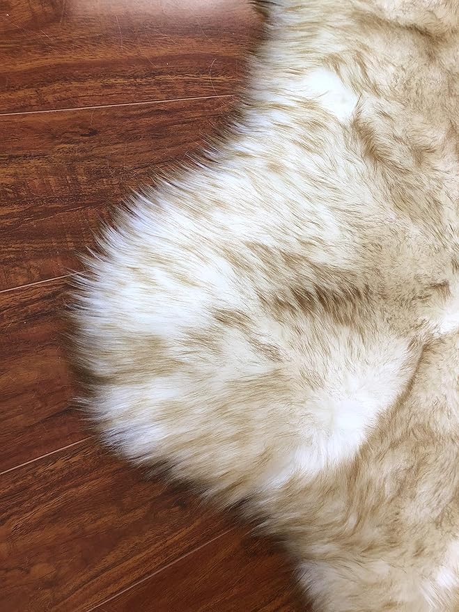 Free Shape Luxury Soft Fluffy Shag Area Rug Single and a Half 2'x4', 60x120cm - Vegan Fur Ultra Soft Indoor Carpet Nursery Rugs for Bedroom Home Decor, White with Brown Tips