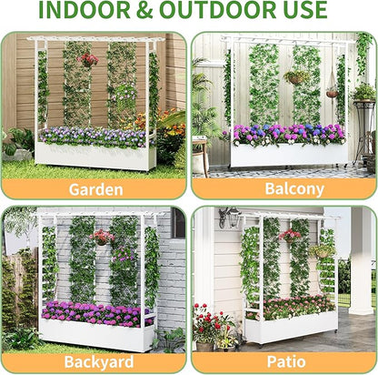 Raised Garden Bed with Trellis & Hanging Roof, Weatherproof Metal Planter Box with Wheels, Garden Arch Trellis for Outdoor Climbing Plants Vines Flowers, 74" H x 77" L x 17" W, White