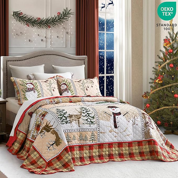 HZ & HY Christmas Oversized Bedspread Queen Size, Winter Snowman Pattern Bedding Quilt, Rustic Lodge Plaid Patchwork Comforter Set, Lightweight & Soft Microfiber, 3 Piece, Queen