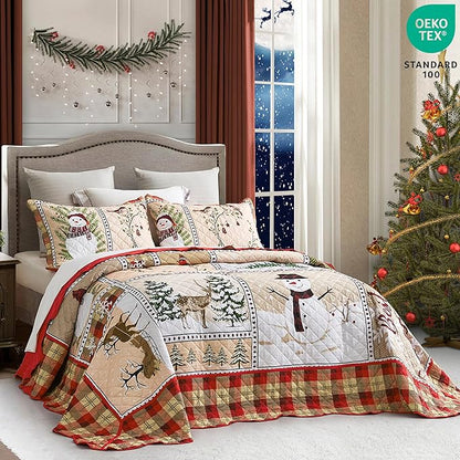 HZ & HY Christmas Oversized Bedspread King Size, Winter Snowman Pattern Bedding Quilt, Rustic Lodge Plaid Patchwork Comforter Set, Lightweight & Soft Microfiber, 3 Piece, King/Cal King