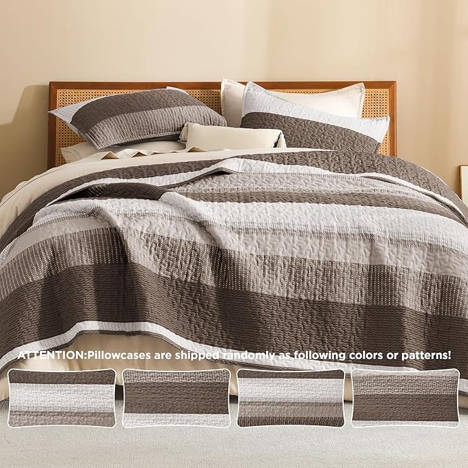 Litanika Quilt King Size Brown, Stripe Patchwork Summer Bedspread Coverlet 3 Pieces, Soft Lightweight Microfiber Quilted Bedding Set for All Season(1 Quilt, 2 Pillowcases)