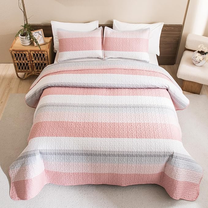 Litanika Quilt Queen Size Pink, Stripe Patchwork Summer Bedspread Coverlet 3 Pieces, Soft Lightweight Microfiber Quilted Bedding Set for All Season(1 Quilt, 2 Pillowcases)