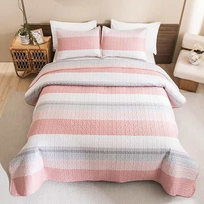 Litanika Quilt Queen Size Pink, Stripe Patchwork Summer Bedspread Coverlet 3 Pieces, Soft Lightweight Microfiber Quilted Bedding Set for All Season(1 Quilt, 2 Pillowcases)
