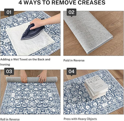 Vintage Floral 2x6 Runner Rug, Light Blue White Washable Kitchen Runner Rug Non-Slip Hallway Rug Runner Thin Printed Faux Wool Super Soft Carpet for Entryway Bedroom Laundry Room Indoor