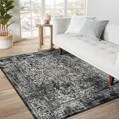 vivorug 6x9 Area Rugs, Stain Resistant Washable Rug for Living Room, Vintage-Inspired Black and White Rug