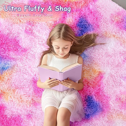 Round Fluffy Rugs 4Ft for Girls Bedroom, Dark Rainbow Shag Circle Kids Rug Non-Slip for Bedside Dorm Nursery Playroom, Soft Cute Area Rugs for Living Room Decor