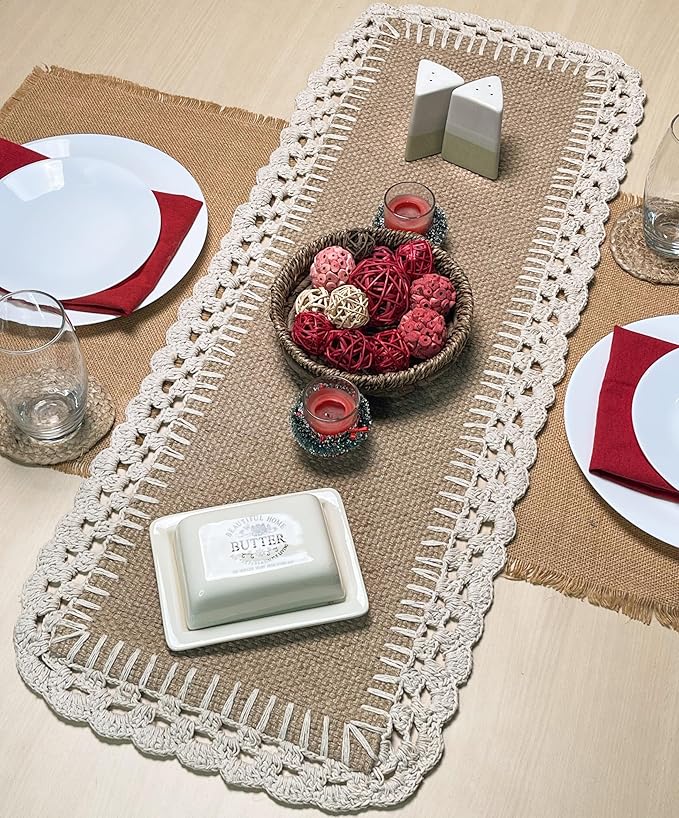 Chardin Home Woven Jute with Ivory Handcrafted Crochet Border Decorative Table Runner, 13x36 Inch, Artisanally Crafted Rustic Farmhouse Table Topper, Perfect for Tables