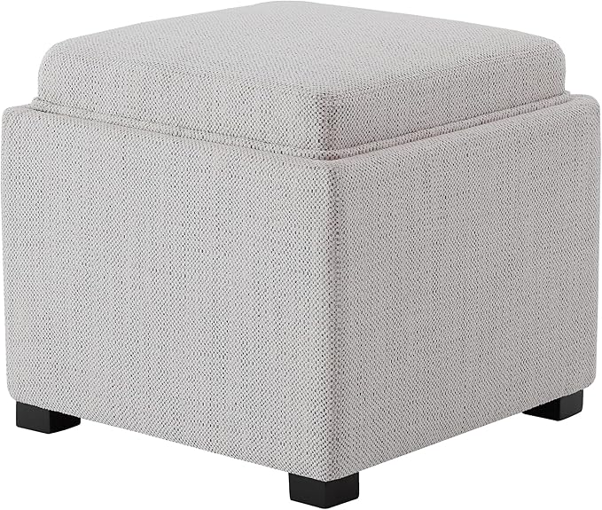 CHITA Storage Ottoman Cube with Tray Lid, Small Footstool with Storage, Square End Table for Living Room and Bedroom, Fabric in Ivory