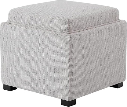 CHITA Storage Ottoman Cube with Tray Lid, Small Footstool with Storage, Square End Table for Living Room and Bedroom, Fabric in Ivory