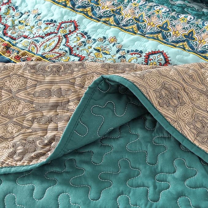 WONGS BEDDING Boho Quilt Set California King, Green and Brown Bohemian Striped Pattern Printed Quilt Coverlet, Lightweight Microfiber Bedspread for All Season 106"x96"(3 Pieces, Cal King)