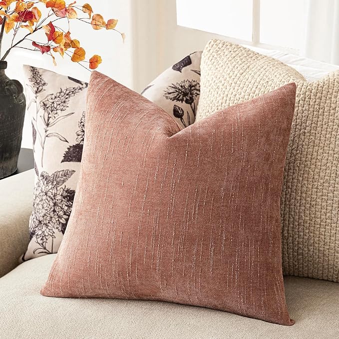 Foindtower Pack of 2 Textured Chenille Throw Decorative Pillow Covers Square Accent Solid Cushion Cover Neutral Farmhouse Pillow Case for Couch Sofa Bedroom Living Room 22x22 Inch,Dusty Pink
