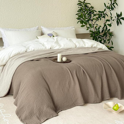 FALUCA Cotton Muslin Reversible Blanket Twin Size for Bed, Couch, Four Layers Blanket, Soft Lightweight Cozy Breathable Farmhouse Decoration for All-Season, Brown