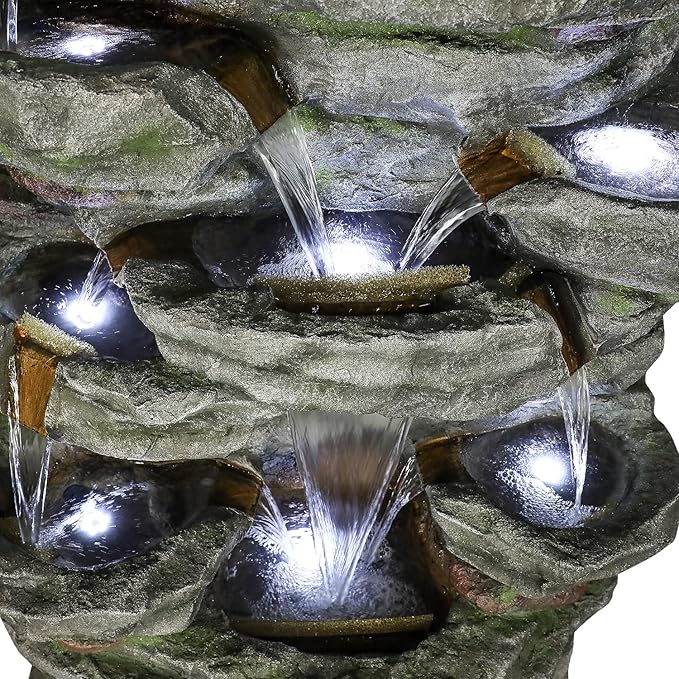 SunJet 79" High Multi-Tiers Cascading Rock Outdoor Water Fountain with LED Lights - Large Outdoor Fountains and Waterfalls for Garden or Patio, Yard, and Deck Decor, Featuring Natural Stone Look