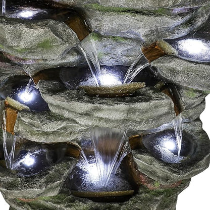 SunJet 79" High Multi-Tiers Cascading Rock Outdoor Water Fountain with LED Lights - Large Outdoor Fountains and Waterfalls for Garden or Patio, Yard, and Deck Decor, Featuring Natural Stone Look