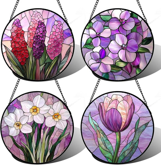 DASTOLL Stained Glass Window Hanging 4 Pcs Set Purple Flower Theme 7.8" - Tulip Suncatcher Door Garden Sun Catcher Decor Birthday Christmas for Plant Lovers Woman Nana Men