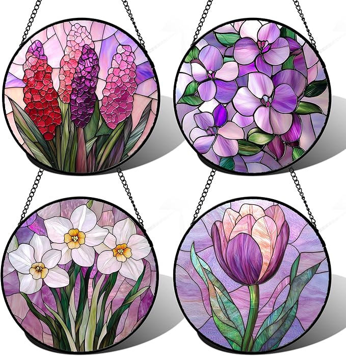 DASTOLL Stained Glass Window Hanging 4 Pcs Set Purple Flower Theme 9.8" - Tulip Suncatcher Door Garden Sun Catcher Decor Birthday Christmas for Plant Lovers Woman Nana Men