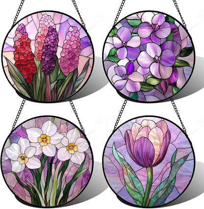 DASTOLL Stained Glass Window Hanging 4 Pcs Set Purple Flower Theme 9.8" - Tulip Suncatcher Door Garden Sun Catcher Decor Birthday Christmas for Plant Lovers Woman Nana Men