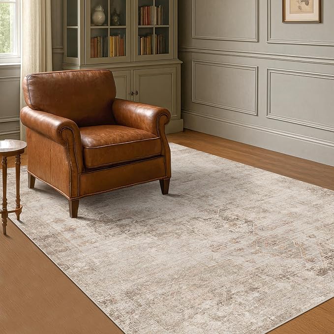 Neutral Farmhouse Area Rug for Bedroom - 6x8 Washable Rug for Dining Room Table, Ultra-Thin Soft Textured Boho Indoor Decor, Fade & Stain Resistant