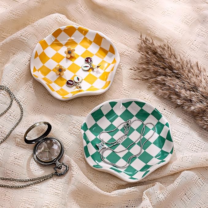 Koythin Ceramic Jewelry Tray, Checkered Pattern Aesthetic Decorative Trinket Dish for Rings, Earrings Necklaces Bracelet Watch Holder, Small Key Bowl, Birthday Mother's Day for Women (Green)