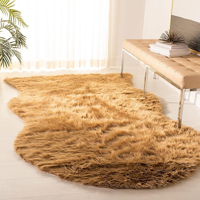 SAFAVIEH Faux Sheep Skin Collection 5' x 8' Camel FSS115E Silken Glam 2.35-inch Thick Area Rug