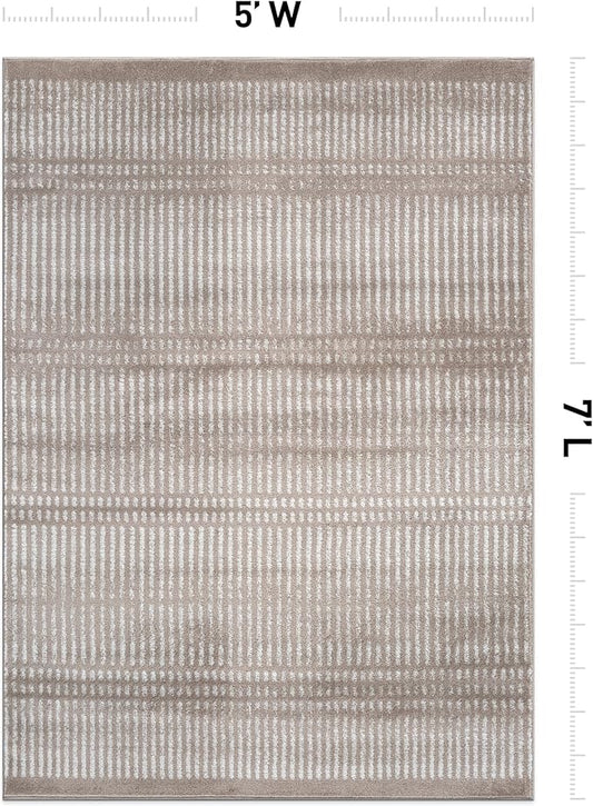 Rugshop Contemporary Stripe Lines High Traffic Living Room,Bedroom,Kitchen, Home Office High Traffic Living Room,Bedroom,Kitchen, Home Office Area Rug 5' x 7' Beige