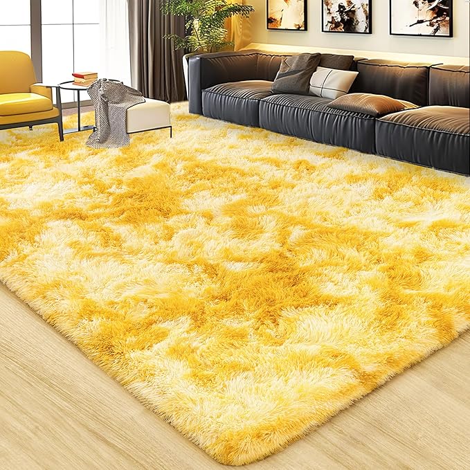 8x10 Large Area Rugs for Living Room, Ultra Fluffy Shag Rug for Bedroom, Modern Plush Soft Carpet for Girls Boys Kids Room Dorm Fuzzy Non Slip Rug for Home Decor Aesthetic, Tie-Dyed Yellow