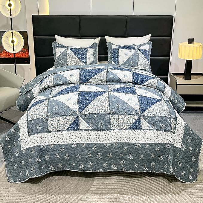 Patchwork Quilt Set King Size Quilted Bedspread Coverlet Set 3-Piece Grey Lightweight Comforter Floral Reversible Stitched Quilt Bedding Set Bed Cover Blanket with 2 Pillow Shams for All Season
