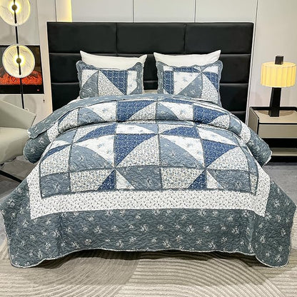 Patchwork Quilt Set King Size Quilted Bedspread Coverlet Set 3-Piece Grey Lightweight Comforter Floral Reversible Stitched Quilt Bedding Set Bed Cover Blanket with 2 Pillow Shams for All Season