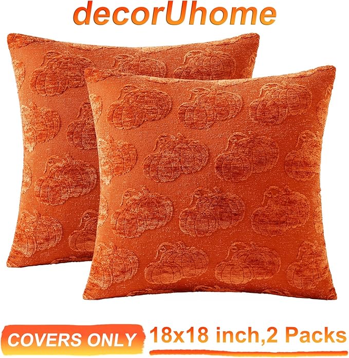 decorUhome Decorative Rust Maple Leaf Thanksgiving Throw Pillow Covers 18x18 Set of 2, Soft Chenille Jacquard Farmhouse Textured Pillow Covers for Couch Bed Sofa Autumn Harvest Halloween Holiday